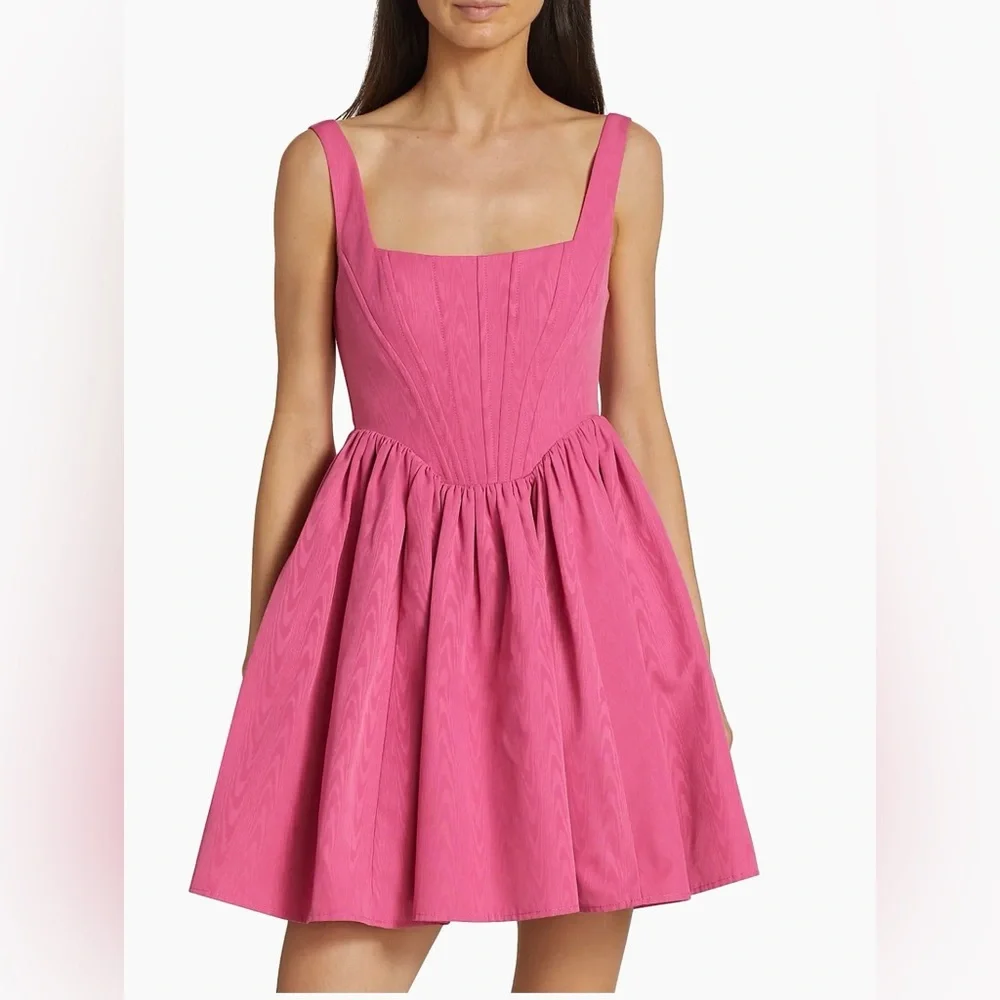 Staud Corset Minidress  Pink Square-Neck Fit & Flare Dress - Picture 2 of 4